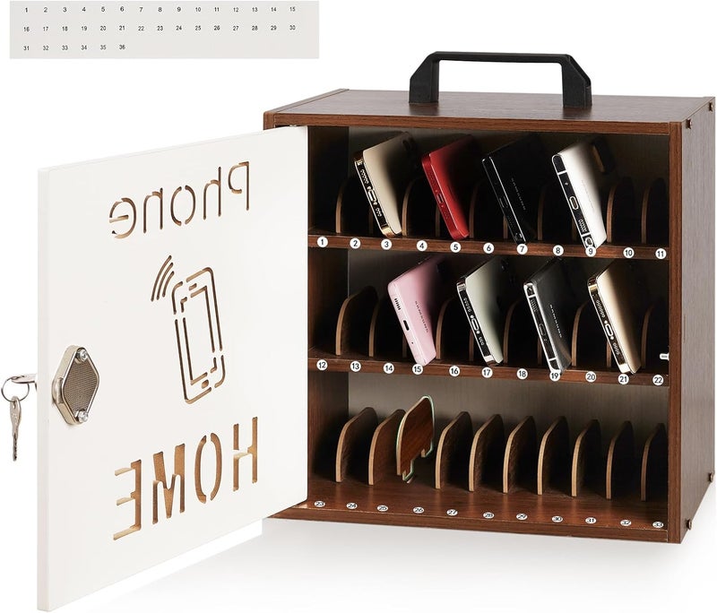 Echaprey Cell Phone Holder Classroom Adjustable 33 Slots Pocket Chart Wooden Cell Phone Storage Cabinet with Handle and Lock Desktop Cell Phone Holder for Classroom Office (Black Walnut) - Image 1